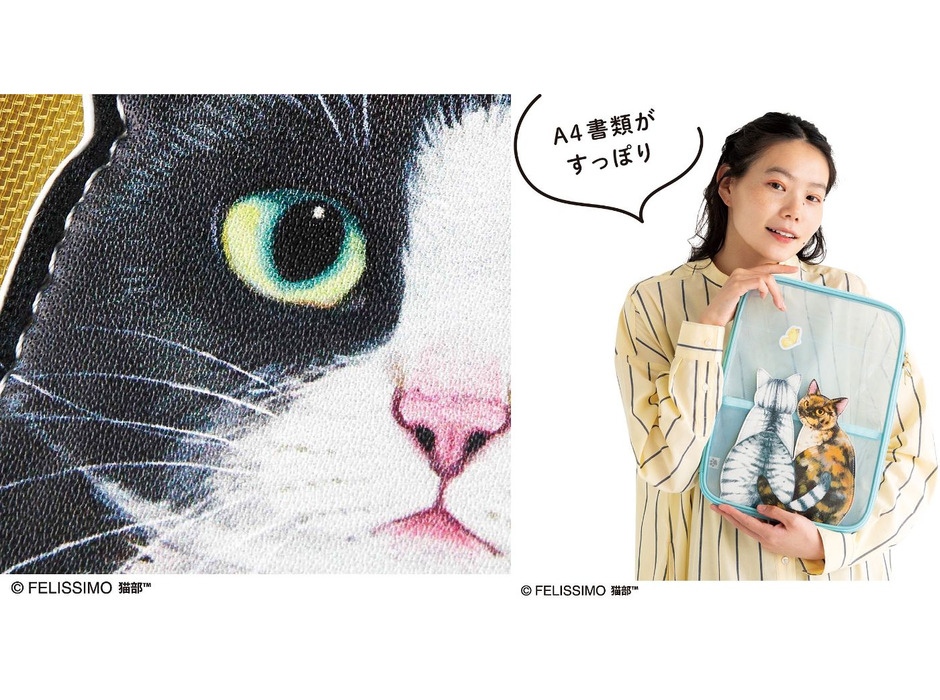 フェリシモ、“猫あるある”シーンを再現した「ふり向く猫のメッシュA4ファイルポーチ」を発売