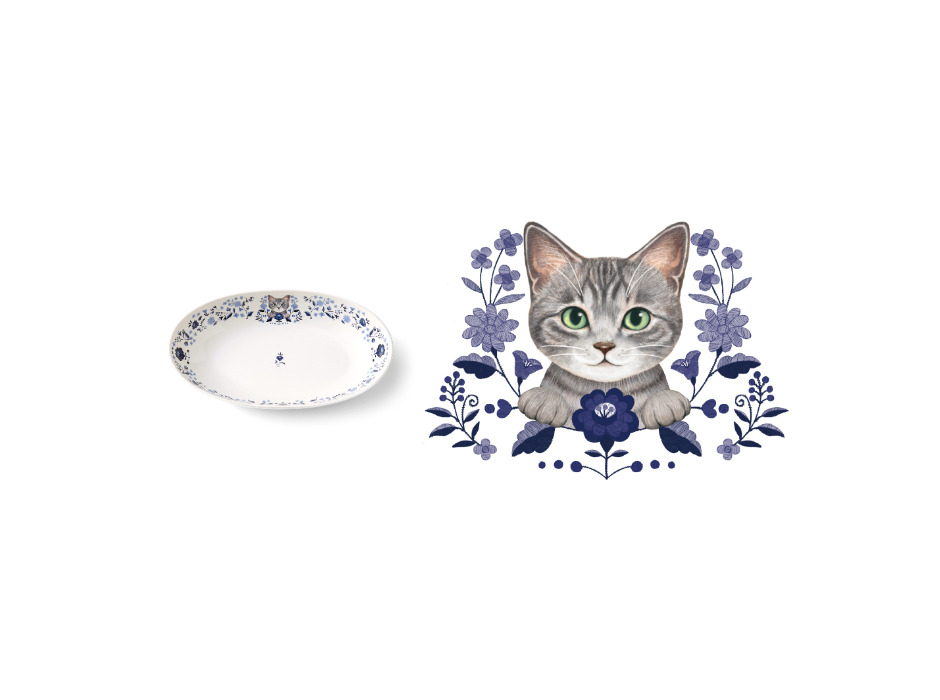 「猫とお花のカレーが入る深型オーバル皿」〈サバトラ〉
